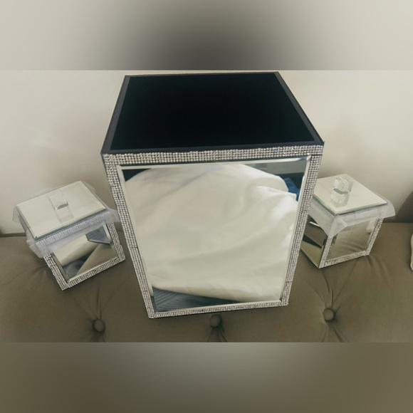 Other Bella Lux Set Mirror Rhinestone Stripe Wastebasket And 2 Lidded